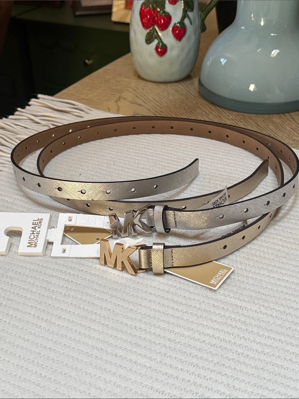 Michael Kors Metallic   Gold and  Silver MK Logo Skinny Belt